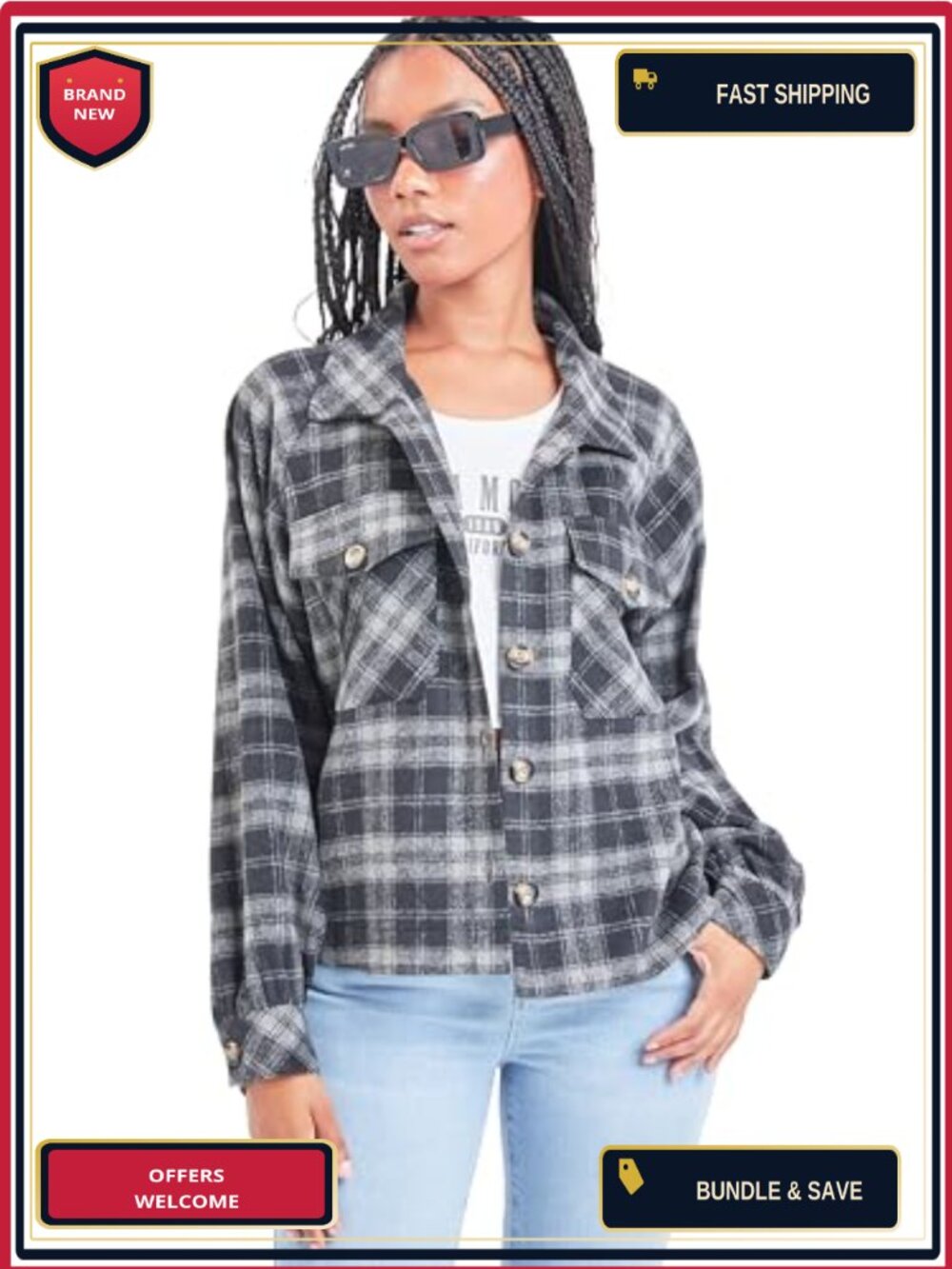 YMI Junior Cropped Boxy Plaid Shacket Button Flap Pockets
